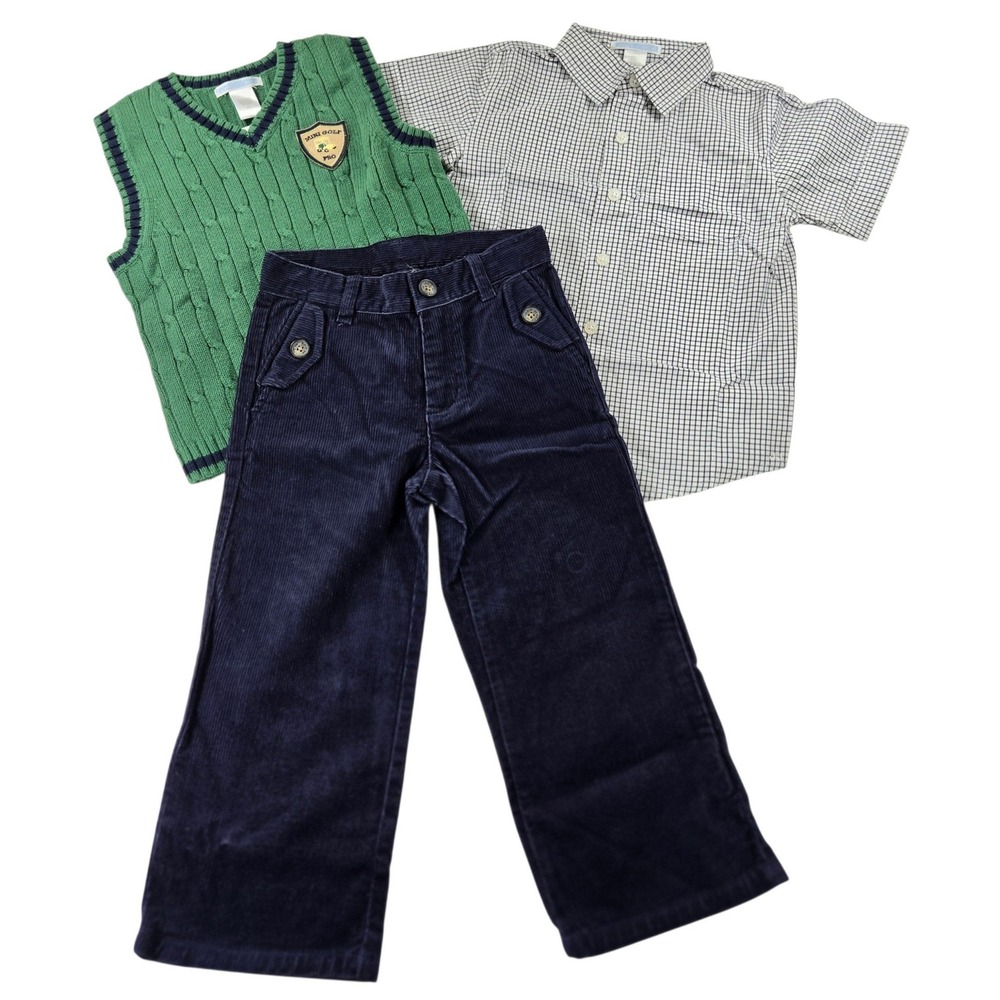 NEW Janie & Jack Boys 3T Outfit Green Sweater Vest Check Shirt Navy Corduroy OG